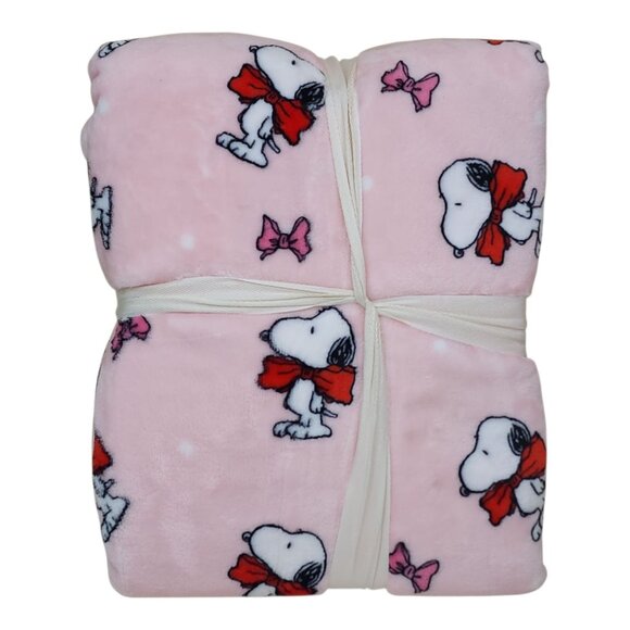 Peanuts Snoopy Full/Queen Plush Blanket 90"x90" Berkshire Pink With Bow Pattern - Picture 4 of 8